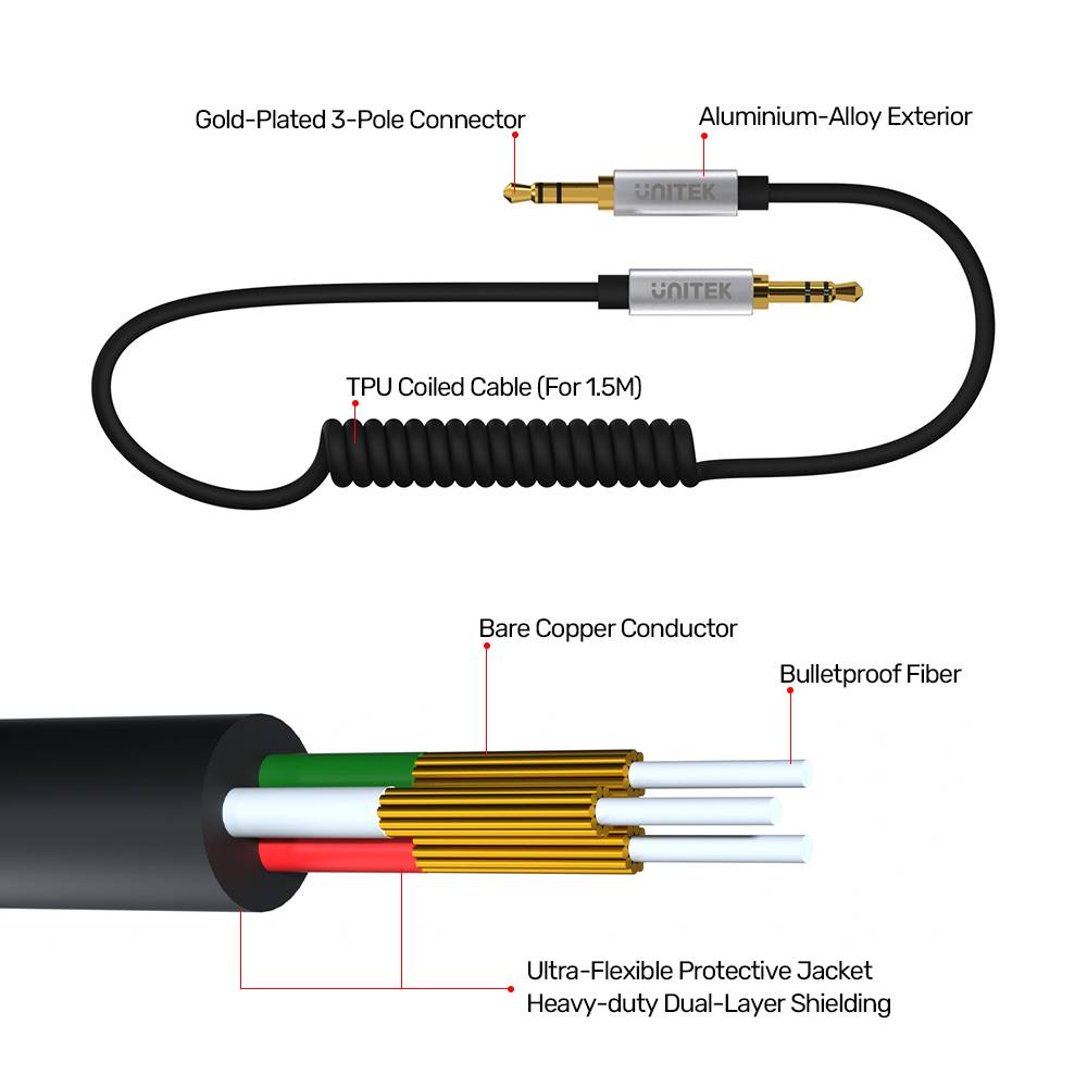 Unitek 3.5mm Audio Cable HiFi Aux Male To Male Cable Pure Copper Coil