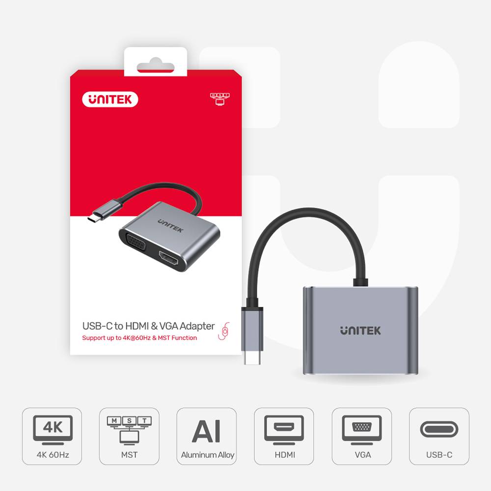 Unitek 4K 60Hz USBC to HDMI 2.0 and VGA Adapter with MST Dual Monitor