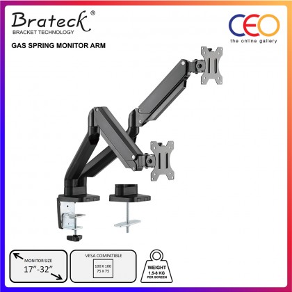 Brateck Premium Dual Monitors Stand Aluminum Gas Spring Monitor Arm Fit 17"-32" Monitor Up to 8KG VESA 75x75/100x100
