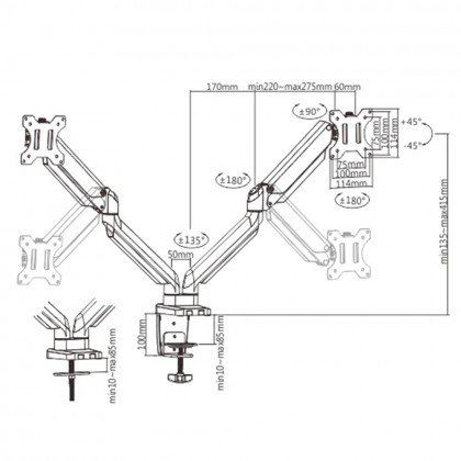 Brateck Premium Dual Monitors Stand Aluminum Gas Spring Monitor Arm Fit 17"-32" Monitor Up to 8KG VESA 75x75/100x100