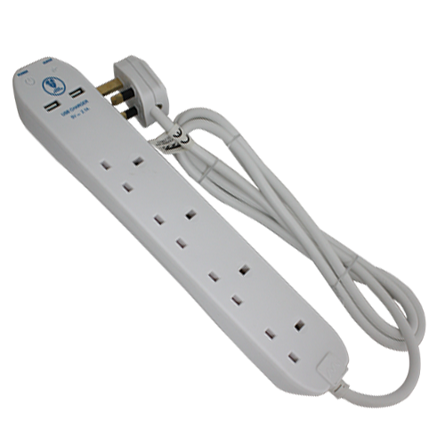 Masterplug 4 Gang 2 USB (2.1A) Surge Protector 2 Meter Extension Leads