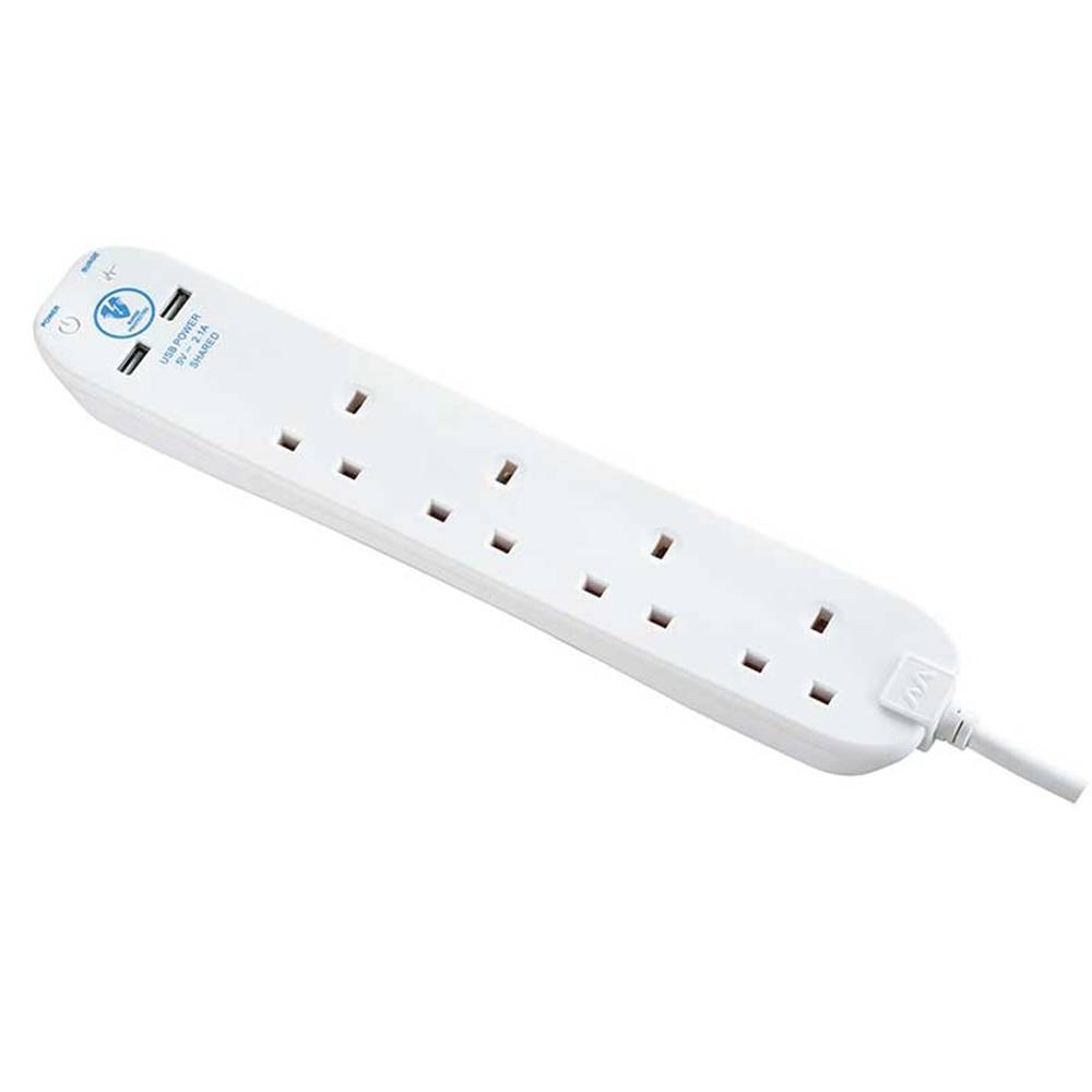 Masterplug 4 Gang 2 USB (2.1A) Surge Protector 2 Meter Extension Leads