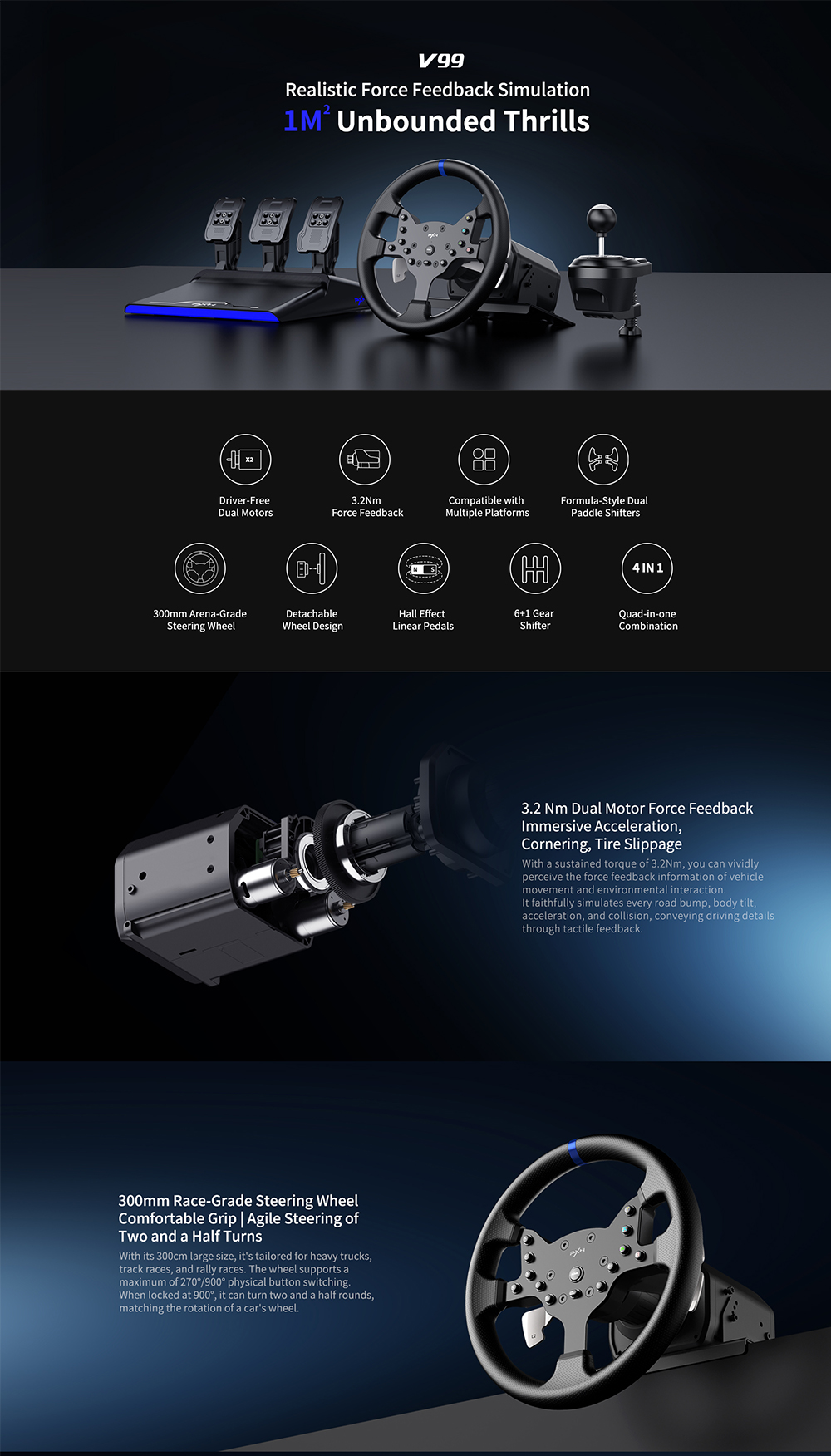 Pxn Sim Rig PXN V99 Force Feedback Gaming Steering Wheel Racing Simulator with Hall ...