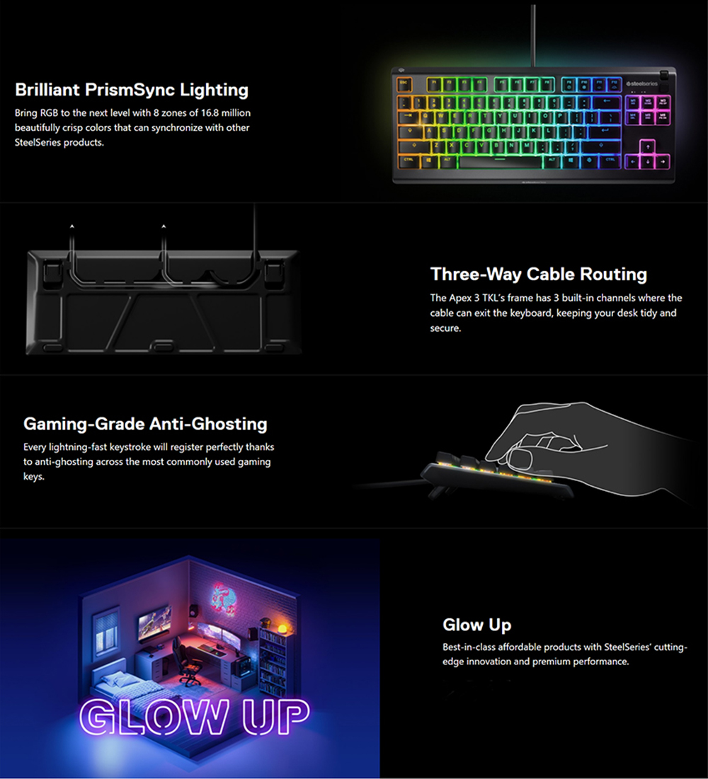 SteelSeries Apex 3 TKL RGB Water Resistant Whisper Quiet Gaming