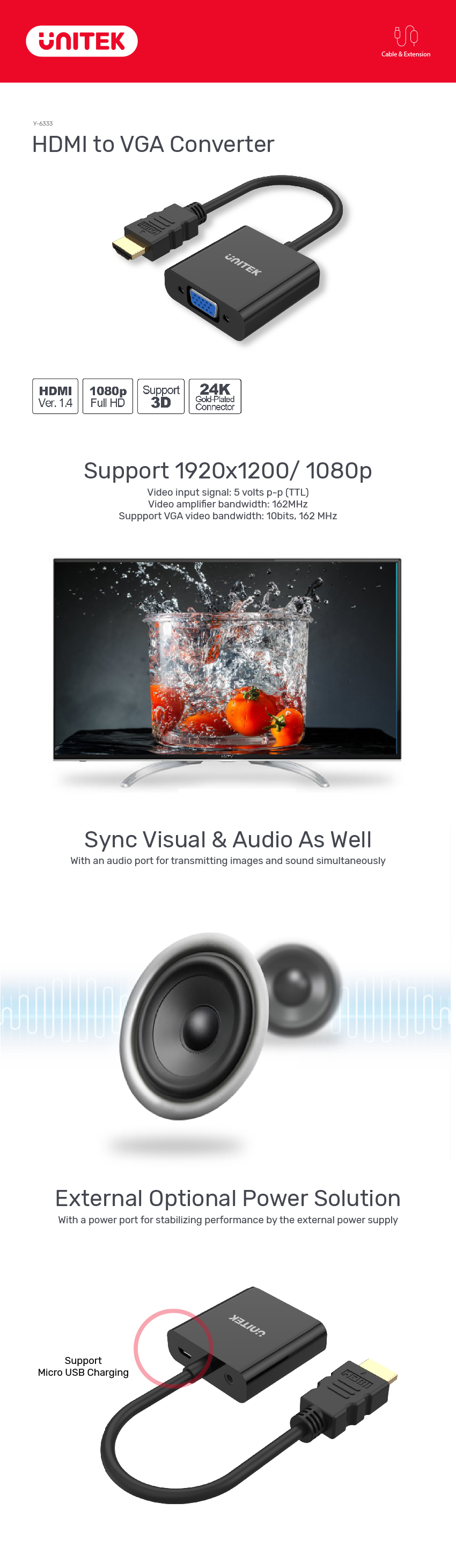 Unitek Converter HDMI to VGA Adapter with Audio Solution and Optional